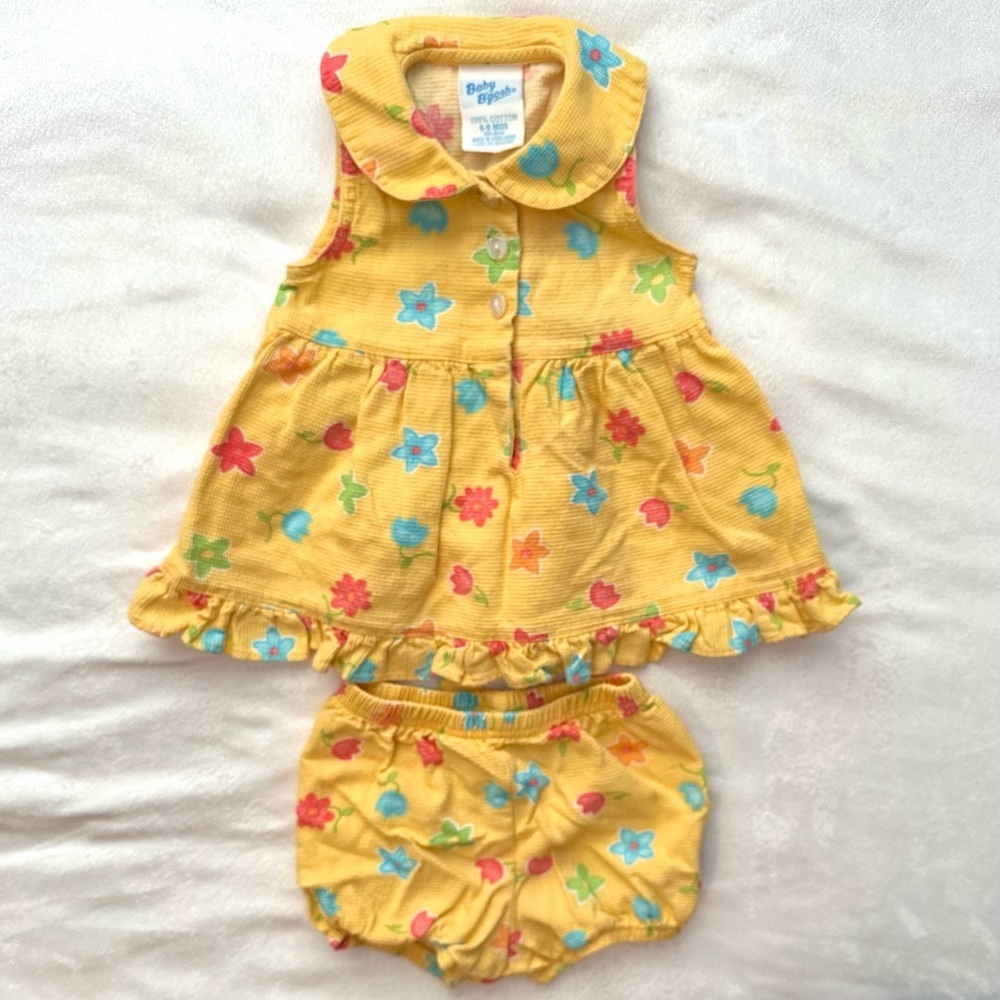 Vintage Baby B’gosh OshKosh 2pc Set Yellow Dress & Bloomers Flowers 6-9M Rare